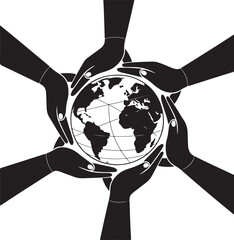 Diverse hands unite to hold and protect the earth