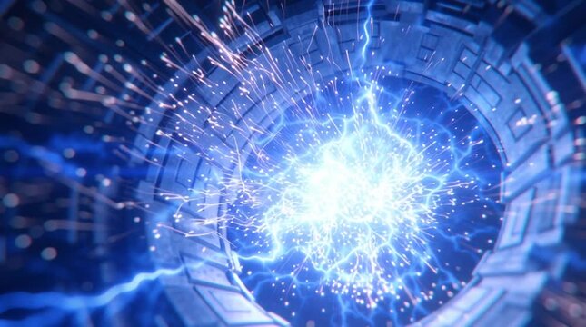 Macro view of a glowing energy cell being inserted into a reactor port, sparks flying in deep blue light, capturing futuristic power transfer and high-tech precision.
