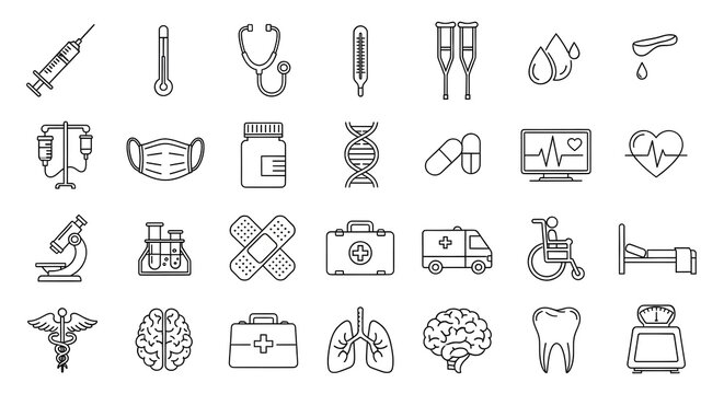 Collection of medical icons representing healthcare tools and anatomical elements - Powered by Adobe