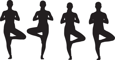 Yoga Tree Pose Silhouette Vector Set Meditative Balancing Female Exercises on Transparent Background