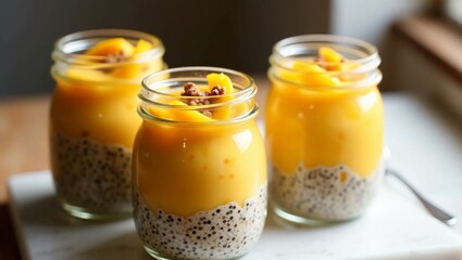 Delicious mango chia seed pudding jars for a healthy breakfast or snack, perfect for meal prep and vibrant summer desserts or sweet treats