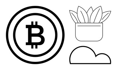 Bitcoin logo within circular border, simple outlined plant in pot, and cloud. Ideal for cryptocurrency, finance, sustainability, cloud storage, minimalism digital economy eco-concept. Simple flat
