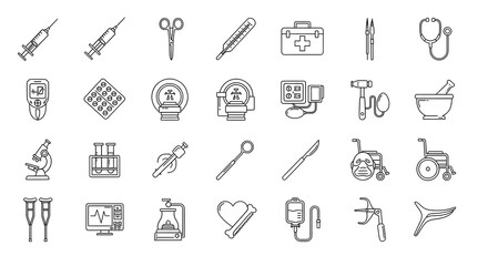 Collection of medical instruments and healthcare related line icons in a set