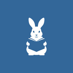 simple silhouette negative space logo of rabbit reading book