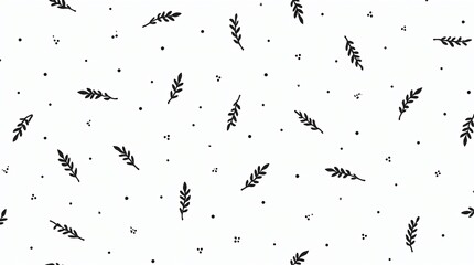 Charming minimalist pattern of delicate black leaves and scattered dots on a clean white background creating a fresh, modern aesthetic