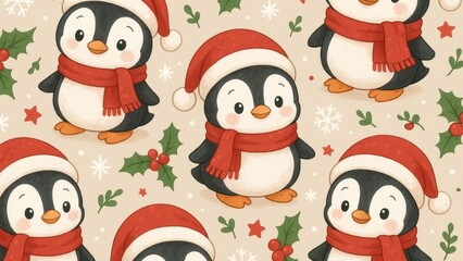 Festive penguins in winter attire