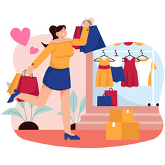 Happy Woman Exiting Clothing Store Holding Shopping Bags Enjoying Retail Therapy Fashionable Outfit in Casual Style with Retail Display Rack Featuring Dresses and Skirts in a Bright Outdoor Setting