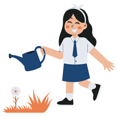 Happy Young Student Girl In School Uniform Watering Flowers On A Transparent Background
