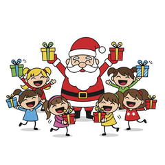 Santa Claus surrounded by happy children holding Christmas gifts.
