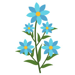 Illustration Of Light Blue Flowers With Yellow Centers And Green Stems And Leaves On A Transparent Background