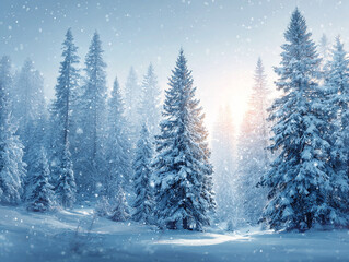 Naklejka premium Peaceful Winter Forest Landscape with Snow-Covered Pine Trees