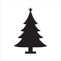 Simple black silhouette of a decorated christmas tree with a star on top
