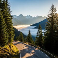 A winding mountain road through a valley bathed in morning mist, showcasing tall evergreen trees and majestic peaks.