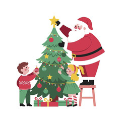 Santa Claus and two children decorating a Christmas tree together.