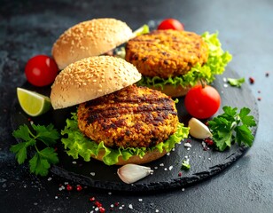 Three delicious burgers on buns with lettuce, tomato, and spices
