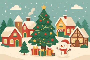 Festive winter village scene illustration.