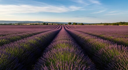 Fototapeta premium A vast expanse of vibrant purple lavender fields stretches across the landscape, with rows extending to the horizon under a serene sky.