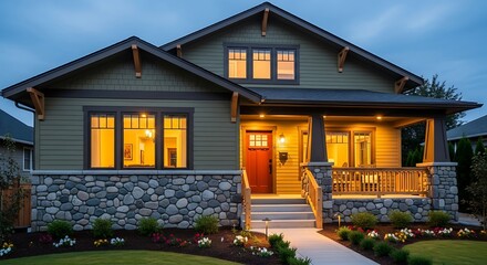 A charming craftsman-style home, warmly lit at twilight, showcases a welcoming porch and well-maintained landscaping.