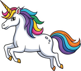 Cartoon unicorn illustration, colorful mane and tail, golden horn, dynamic pose, white background, fantasy creature, whimsical design, leaping motion