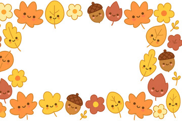Cute autumn leaves and acorns frame on transparent background