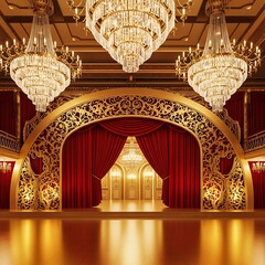 A grand ballroom, adorned with opulent gold details and opulent crystal chandeliers, showcasing a dramatic red stage curtain.
