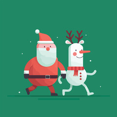 Christmas cartoon characters walking together, fun modern art mascot illustration with santa, snowman reindeer
