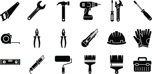 Set of construction tools featuring saw, wrench, hammer, drill, screwdriver, pliers, tape measure, knife, helmet, gloves, and toolbox