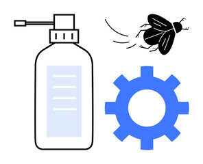 Bottle of bug spray, flying insect, and gear suggest pest elimination and troubleshooting. Ideal for cleaning, maintenance, pest control, system error solutions, process improvement, productivity