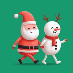 Christmas cartoon characters walking together, fun modern art mascot illustration with santa, snowman reindeer