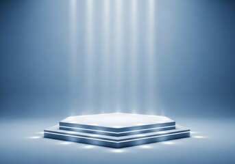 Blue futuristic hexagon podium with bright spotlight beams technology scene