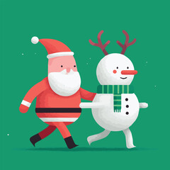 Christmas cartoon characters walking together, fun modern art mascot illustration with santa, snowman reindeer