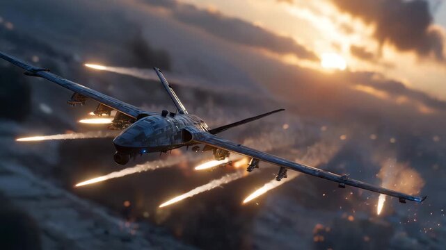 Close-up of Shahed drone mid-flight, bullets grazing wings, sparks and smoke trailing, dramatic clouds and sun setting behind
