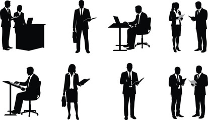 Silhouette Business Professionals Collaborating, Presenting, and Working with Documents and Laptops in Corporate Office Environment