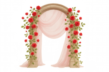 Wedding arch with climbing red roses and delicate draped pink fabric for romantic celebration backgrounds