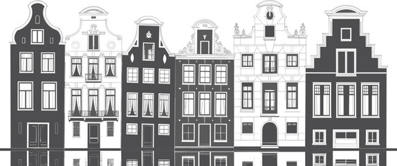 Black and white architectural illustration of traditional Dutch canal houses, Amsterdam city skyline in minimalist vintage style