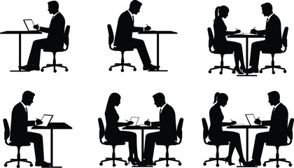 Silhouette Business Professionals Engaged in Interviews and Office Discussions Across Desks in Corporate Workplace Environment
