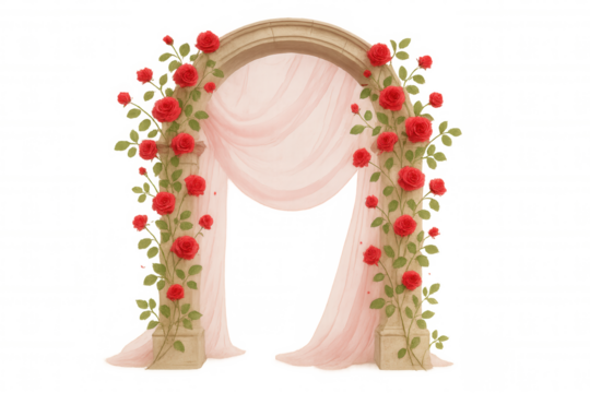 Wedding arch with climbing red roses and delicate draped pink fabric for romantic celebration backgrounds