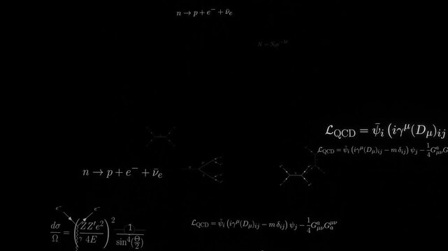 Particle physics formulas camera fly-through (endless loop). Equations of particle and nuclear physics, Feynman diagrams, Higgs process. Mathematical symbols in high-quality typesetting.