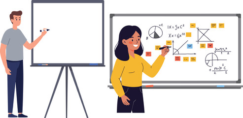 Teacher explaining mathematics and geometry formulas on whiteboard while student writing on blank board in classroom