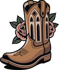 Cowboy boot with roses vector illustration, western tattoo art style, rustic country fashion design, floral vintage western aesthetic