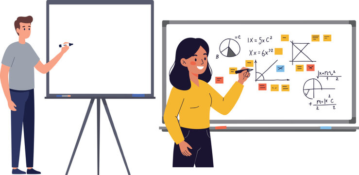 Teacher explaining mathematics and geometry formulas on whiteboard while student writing on blank board in classroom