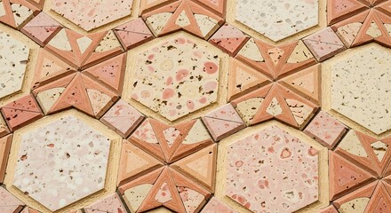 A geometric mosaic pattern of interlocking hexagonal tiles in warm terracotta and beige tones, showcasing a complex design with inlaid triangular shapes.