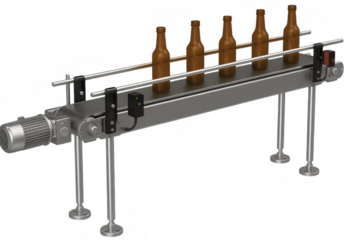 Conveyor belt transporting beer bottles in a brewery: 3d render with transparent background