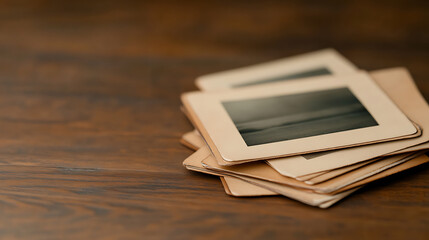 A nostalgic display features a stack of vintage photo slides, evoking memories of past events. The warm tones and classic design create an atmosphere of reflection and nostalgia.