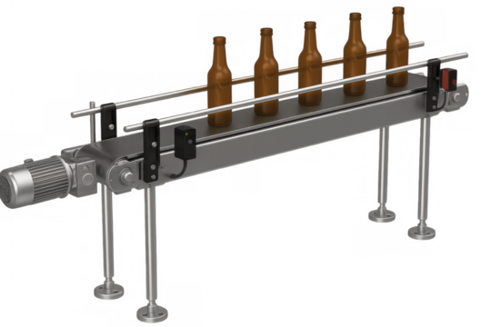 Conveyor belt transporting beer bottles in a brewery: 3d render with transparent background