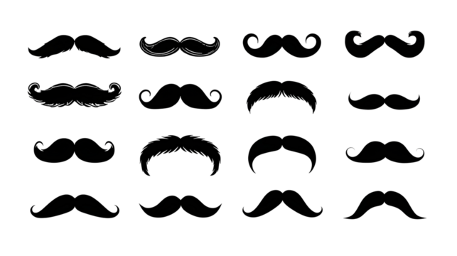 Variety of black silhouette mustache designs for styling and grooming themes