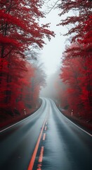 A winding road through a misty forest, framed by vibrant crimson trees, evokes a sense of mystery and solitude.