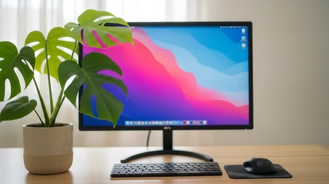 Home office setup with monitor, plant, keyboard and mouse