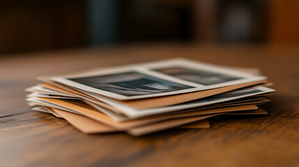 Stack of vintage photos resting on a wooden surface, evoking nostalgia and memories. The warm tones and soft focus enhance the timeless feel of analog photography.