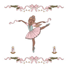 Elegant Christmas illustration of a dancing ballerina with garlands, bows, and candles. Cozy festive doodle-style artwork, hand-drawn with charming holiday details.